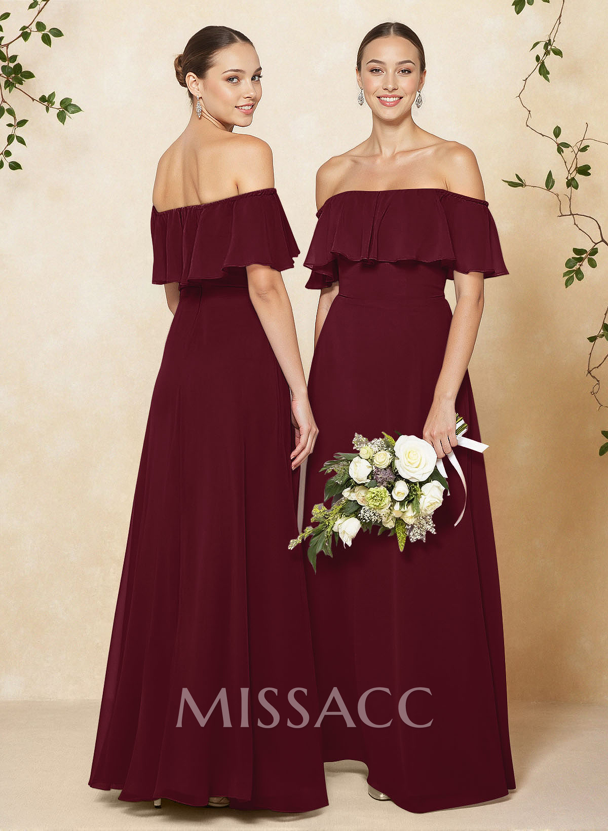 Sweet & Flow Off Shoulder Floor-Length Chiffon Bridesmaid With Ruffle
