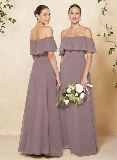 Sweet & Flow Off Shoulder Floor-Length Chiffon Bridesmaid With Ruffle