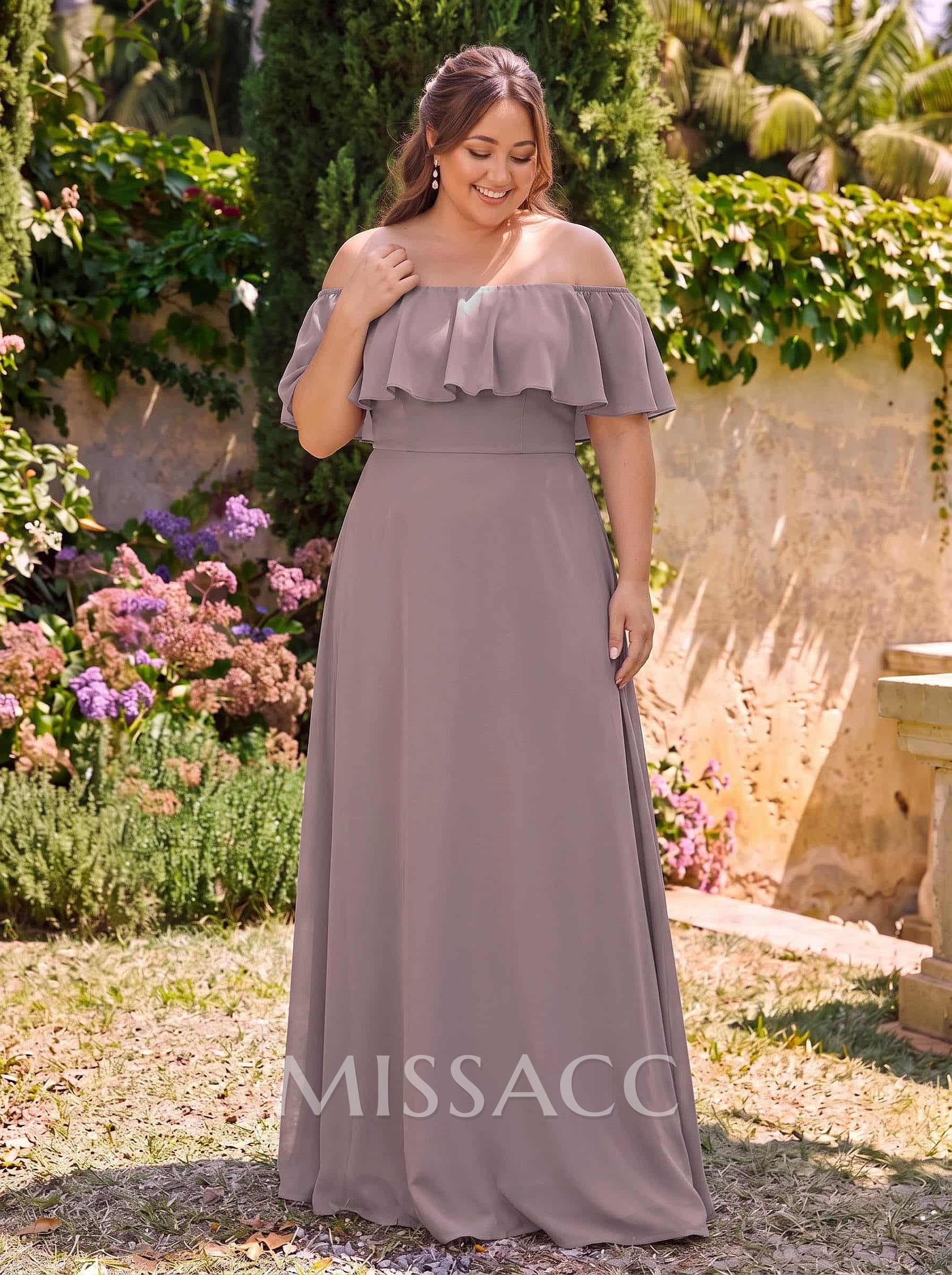 Sweet & Flow Off Shoulder Floor-Length Chiffon Bridesmaid With Ruffle