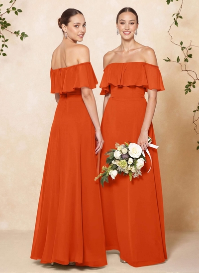 Sweet & Flow Off Shoulder Floor-Length Chiffon Bridesmaid With Ruffle
