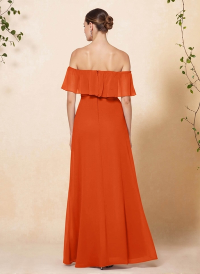 Sweet & Flow Off Shoulder Floor-Length Chiffon Bridesmaid With Ruffle