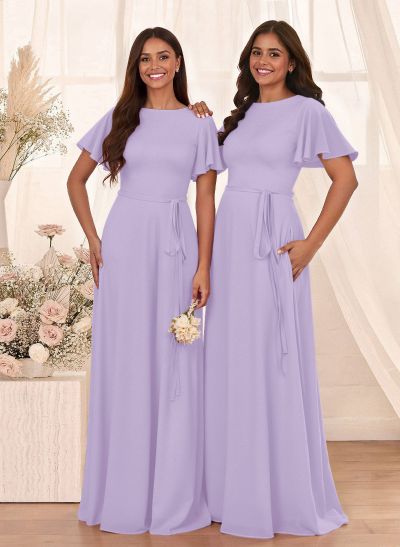 Simple A-Line Flutter Sleeve Floor-Length Chiffon Bridesmaid Dresses