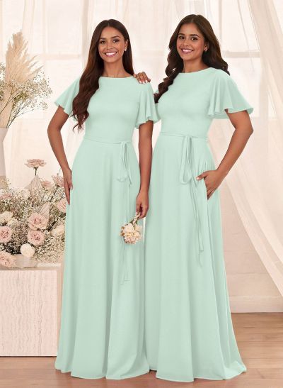 Simple A-Line Flutter Sleeve Floor-Length Chiffon Bridesmaid Dresses