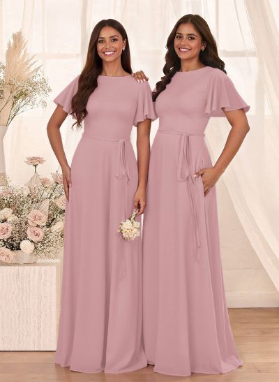 Simple A-Line Flutter Sleeve Floor-Length Chiffon Bridesmaid Dresses
