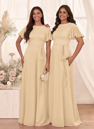 Simple A-Line Flutter Sleeve Floor-Length Chiffon Bridesmaid Dresses