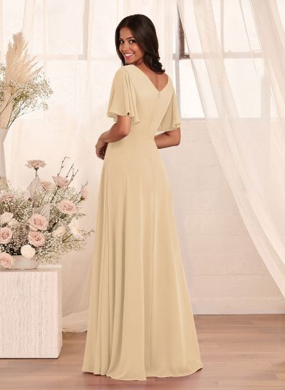 Simple A-Line Flutter Sleeve Floor-Length Chiffon Bridesmaid Dresses