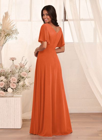 Simple A-Line Flutter Sleeve Floor-Length Chiffon Bridesmaid Dresses