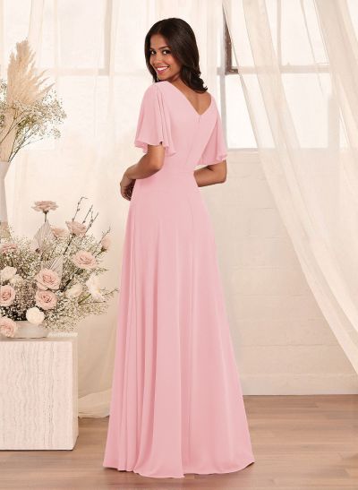 Simple A-Line Flutter Sleeve Floor-Length Chiffon Bridesmaid Dresses
