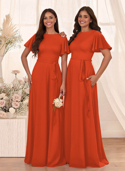 Simple A-Line Flutter Sleeve Floor-Length Chiffon Bridesmaid Dresses