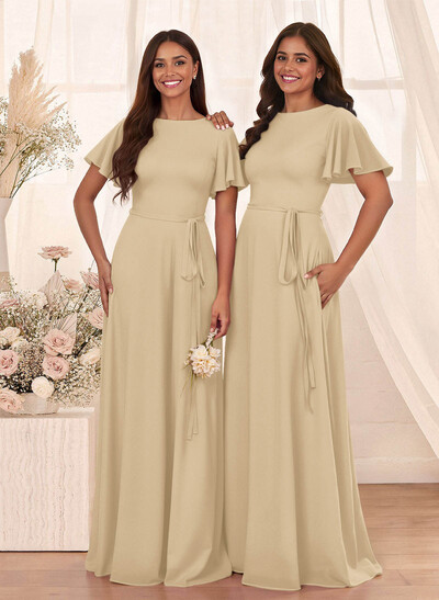 Simple A-Line Flutter Sleeve Floor-Length Chiffon Bridesmaid Dresses