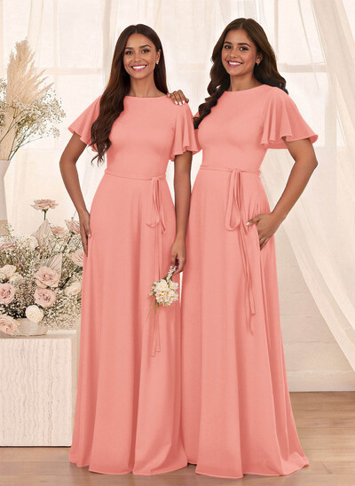 Simple A-Line Flutter Sleeve Floor-Length Chiffon Bridesmaid Dresses