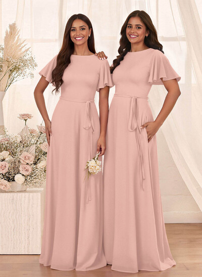 Simple A-Line Flutter Sleeve Floor-Length Chiffon Bridesmaid Dresses