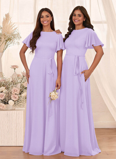 Simple A-Line Flutter Sleeve Floor-Length Chiffon Bridesmaid Dresses