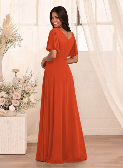 Simple A-Line Flutter Sleeve Floor-Length Chiffon Bridesmaid Dresses