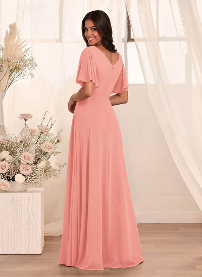 Simple A-Line Flutter Sleeve Floor-Length Chiffon Bridesmaid Dresses