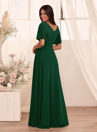 Simple A-Line Flutter Sleeve Floor-Length Chiffon Bridesmaid Dresses