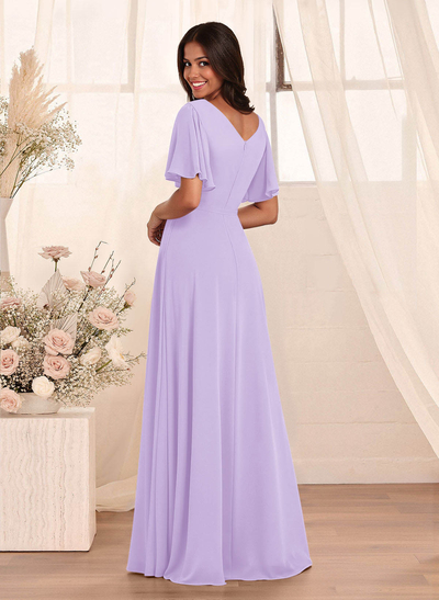 Simple A-Line Flutter Sleeve Floor-Length Chiffon Bridesmaid Dresses