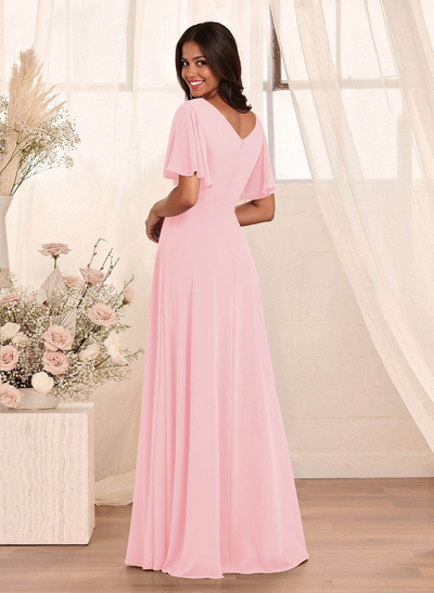 Simple A-Line Flutter Sleeve Floor-Length Chiffon Bridesmaid Dresses