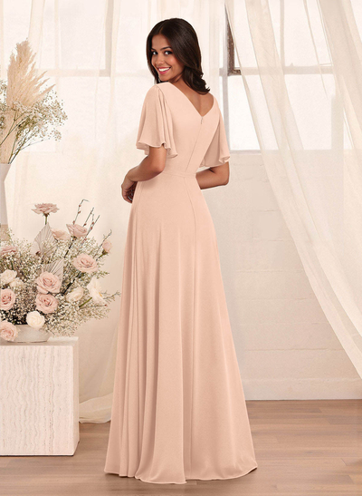 Simple A-Line Flutter Sleeve Floor-Length Chiffon Bridesmaid Dresses
