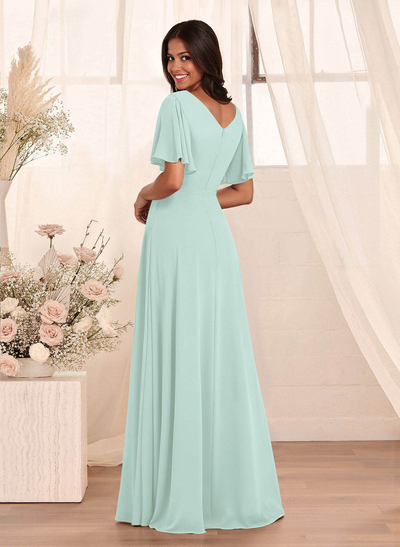 Simple A-Line Flutter Sleeve Floor-Length Chiffon Bridesmaid Dresses