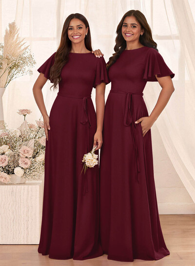 Simple A-Line Flutter Sleeve Floor-Length Chiffon Bridesmaid Dresses