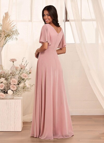 Simple A-Line Flutter Sleeve Floor-Length Chiffon Bridesmaid Dresses