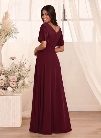 Simple A-Line Flutter Sleeve Floor-Length Chiffon Bridesmaid Dresses