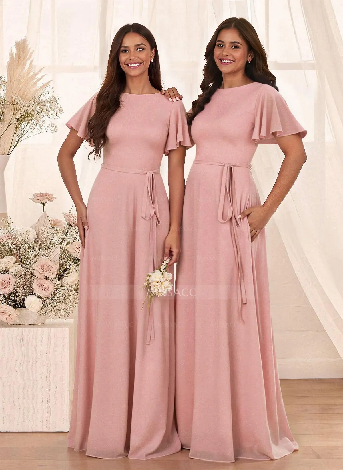 Simple A-Line Flutter Sleeve Floor-Length Chiffon Bridesmaid Dresses #SBD11505  $79