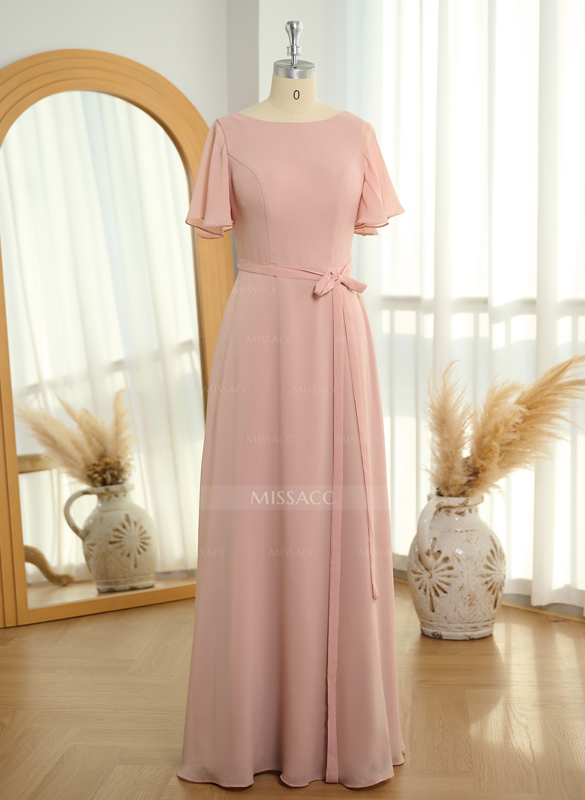 Simple A-Line Flutter Sleeve Floor-Length Chiffon Bridesmaid Dresses