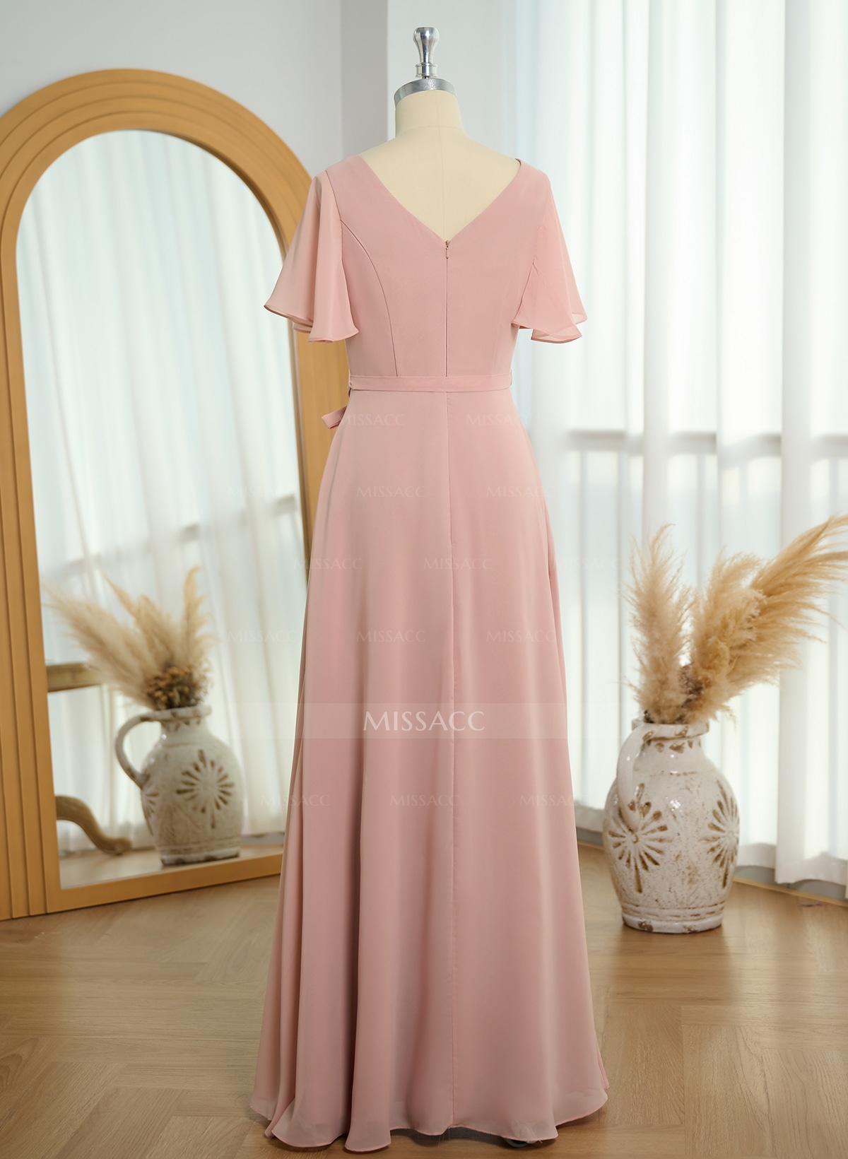 Simple A-Line Flutter Sleeve Floor-Length Chiffon Bridesmaid Dresses
