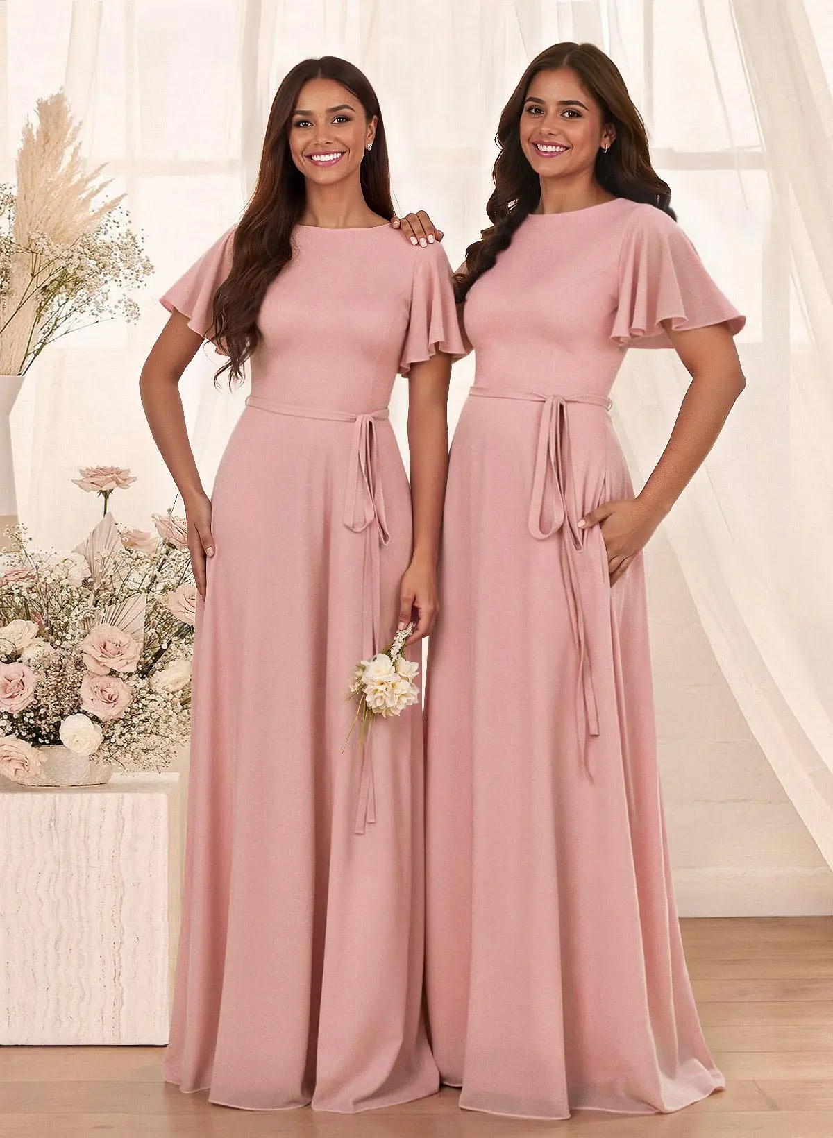 Simple A-Line Flutter Sleeve Floor-Length Chiffon Bridesmaid Dresses Simple A-Line Flutter Sleeve Floor-Length Chiffon Bridesmaid Dresses