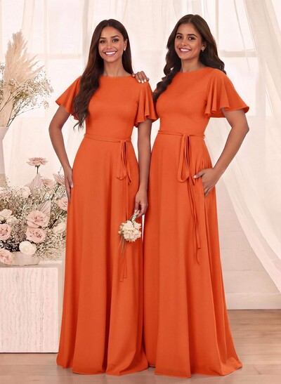 Simple A-Line Flutter Sleeve Floor-Length Chiffon Bridesmaid Dresses