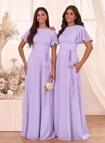 Simple A-Line Flutter Sleeve Floor-Length Chiffon Bridesmaid Dresses