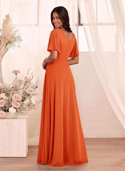 Simple A-Line Flutter Sleeve Floor-Length Chiffon Bridesmaid Dresses