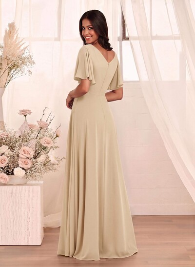 Simple A-Line Flutter Sleeve Floor-Length Chiffon Bridesmaid Dresses