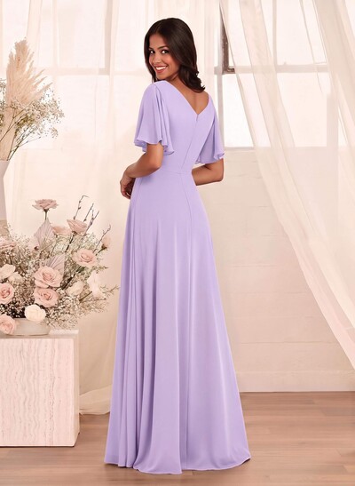 Simple A-Line Flutter Sleeve Floor-Length Chiffon Bridesmaid Dresses