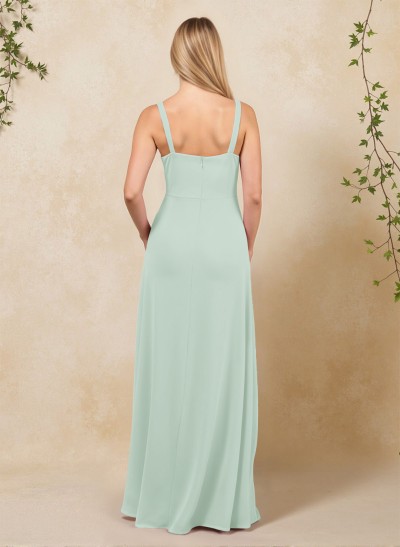 Classic Square Neckline High Split A-Line Chiffon Bridesmaid Dresses
