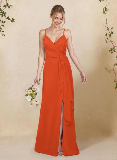 Classy V-Neck A-Line Floor-Length Chiffon Bridesmaid Dresses With Split Front
