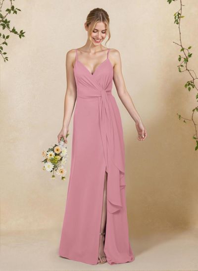 Classy V-Neck A-Line Floor-Length Chiffon Bridesmaid Dresses With Split Front