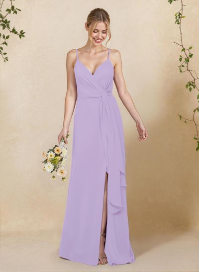 Classy V-Neck A-Line Floor-Length Chiffon Bridesmaid Dresses With Split Front