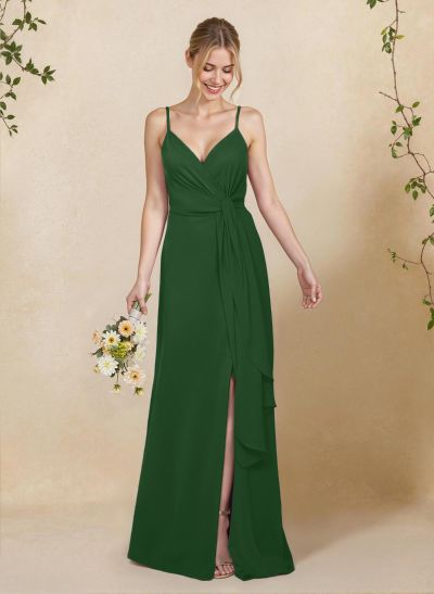 Classy V-Neck A-Line Floor-Length Chiffon Bridesmaid Dresses With Split Front