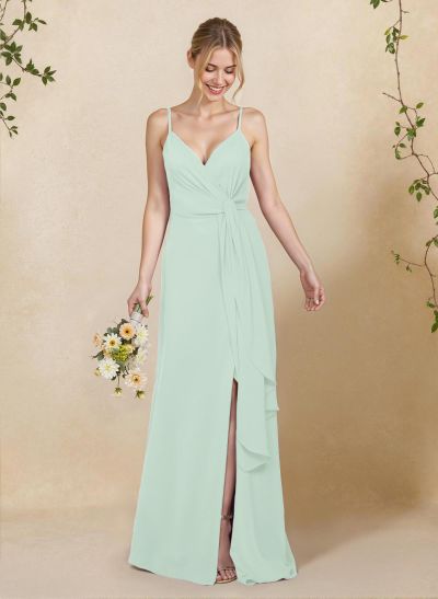 Classy V-Neck A-Line Floor-Length Chiffon Bridesmaid Dresses With Split Front
