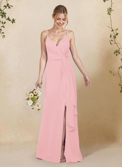 Classy V-Neck A-Line Floor-Length Chiffon Bridesmaid Dresses With Split Front