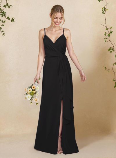 Classy V-Neck A-Line Floor-Length Chiffon Bridesmaid Dresses With Split Front