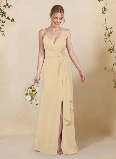 Classy V-Neck A-Line Floor-Length Chiffon Bridesmaid Dresses With Split Front