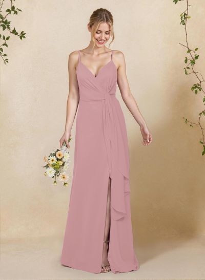 Classy V-Neck A-Line Floor-Length Chiffon Bridesmaid Dresses With Split Front