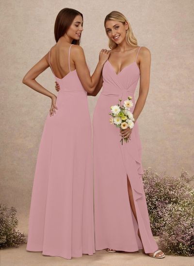 Classy V-Neck A-Line Floor-Length Chiffon Bridesmaid Dresses With Split Front
