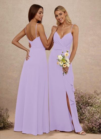 Classy V-Neck A-Line Floor-Length Chiffon Bridesmaid Dresses With Split Front