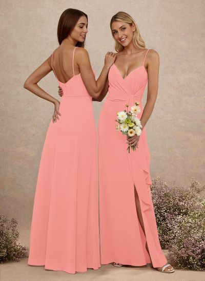 Classy V-Neck A-Line Floor-Length Chiffon Bridesmaid Dresses With Split Front