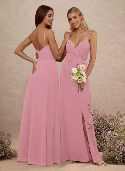 Classy V-Neck A-Line Floor-Length Chiffon Bridesmaid Dresses With Split Front